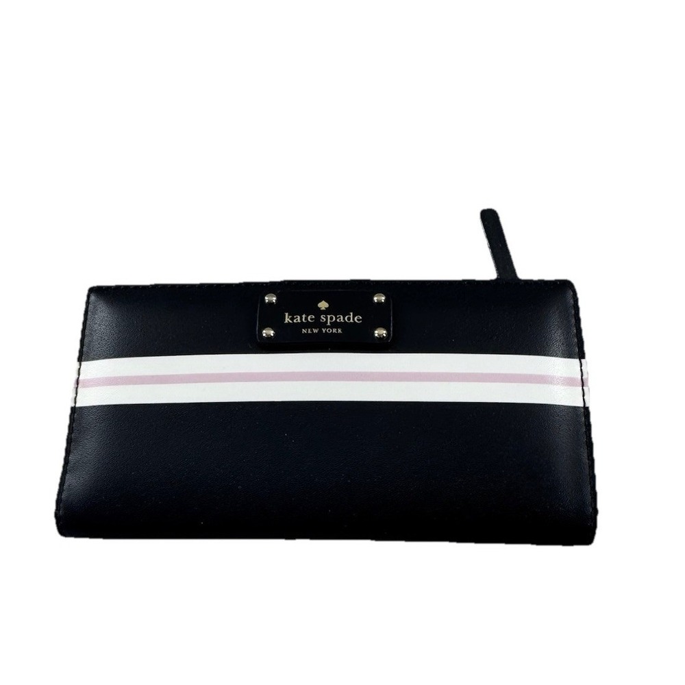 Kate Spade Stacy Wallet Black Pink White Stripe Leather Card Holderโ Clutch Slim